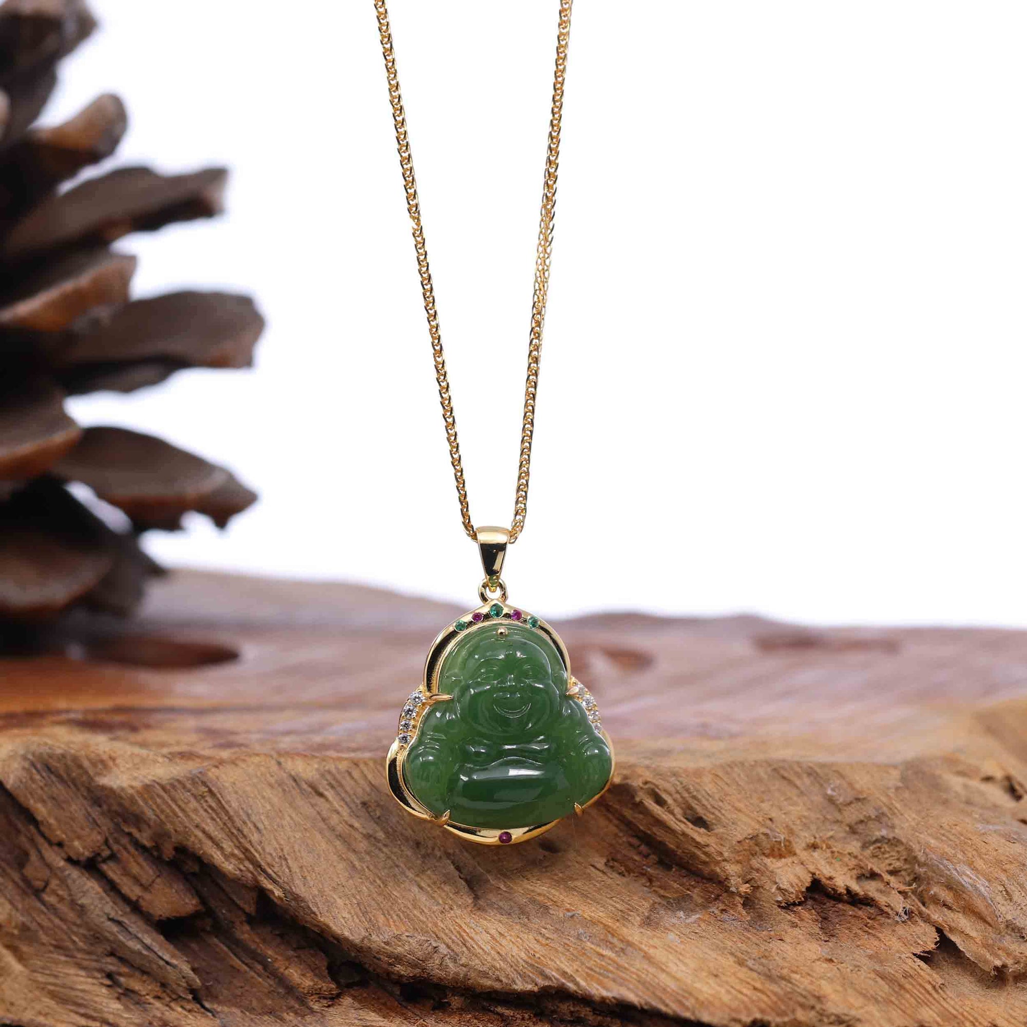 Baikalla Jewelry Jade Pendant Baikalla™ &quot;Laughing Buddha&quot; Gold Plated Nephrite Jade Necklace Pendant