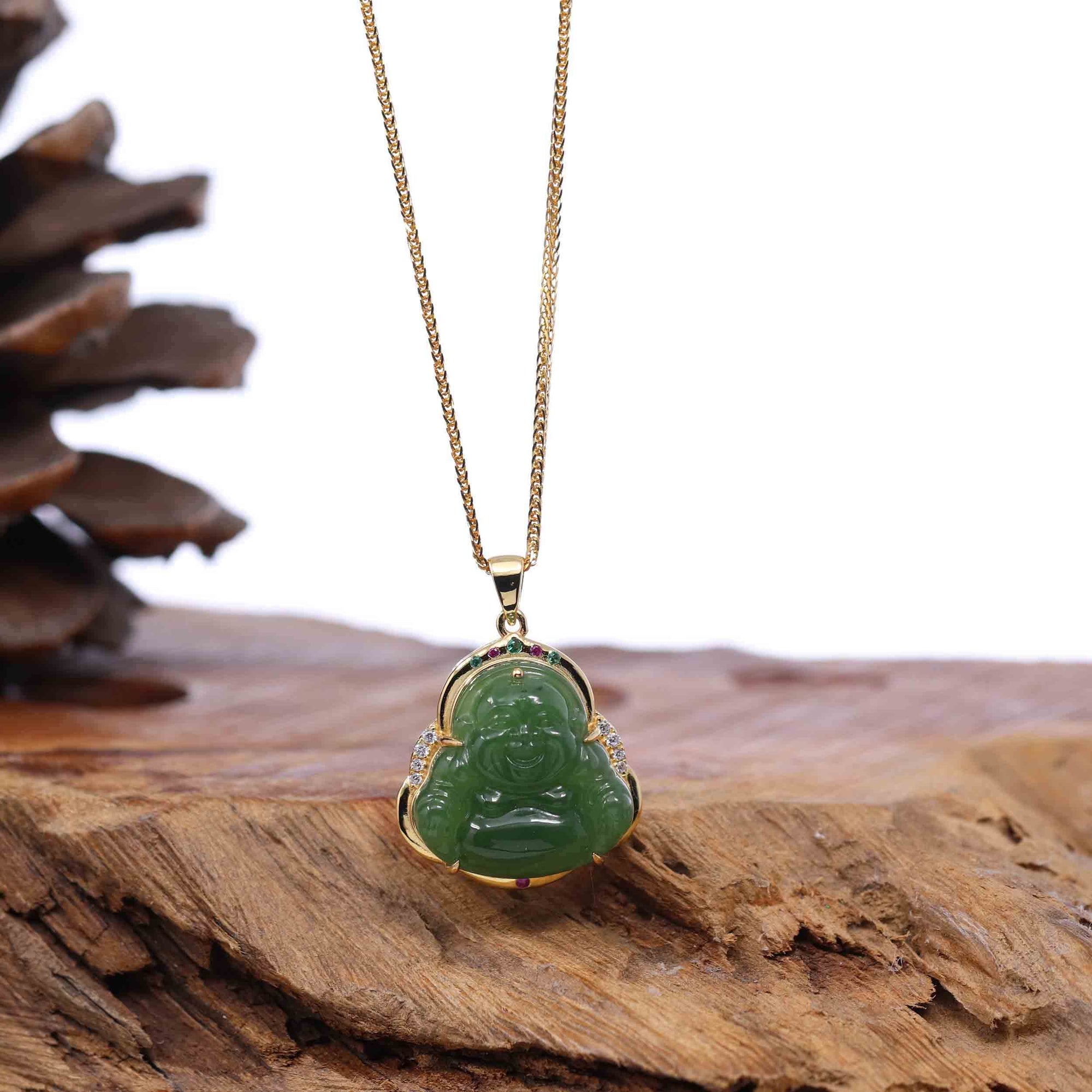 Baikalla Jewelry Jade Pendant Baikalla™ &quot;Laughing Buddha&quot; Gold Plated Nephrite Jade Necklace Pendant