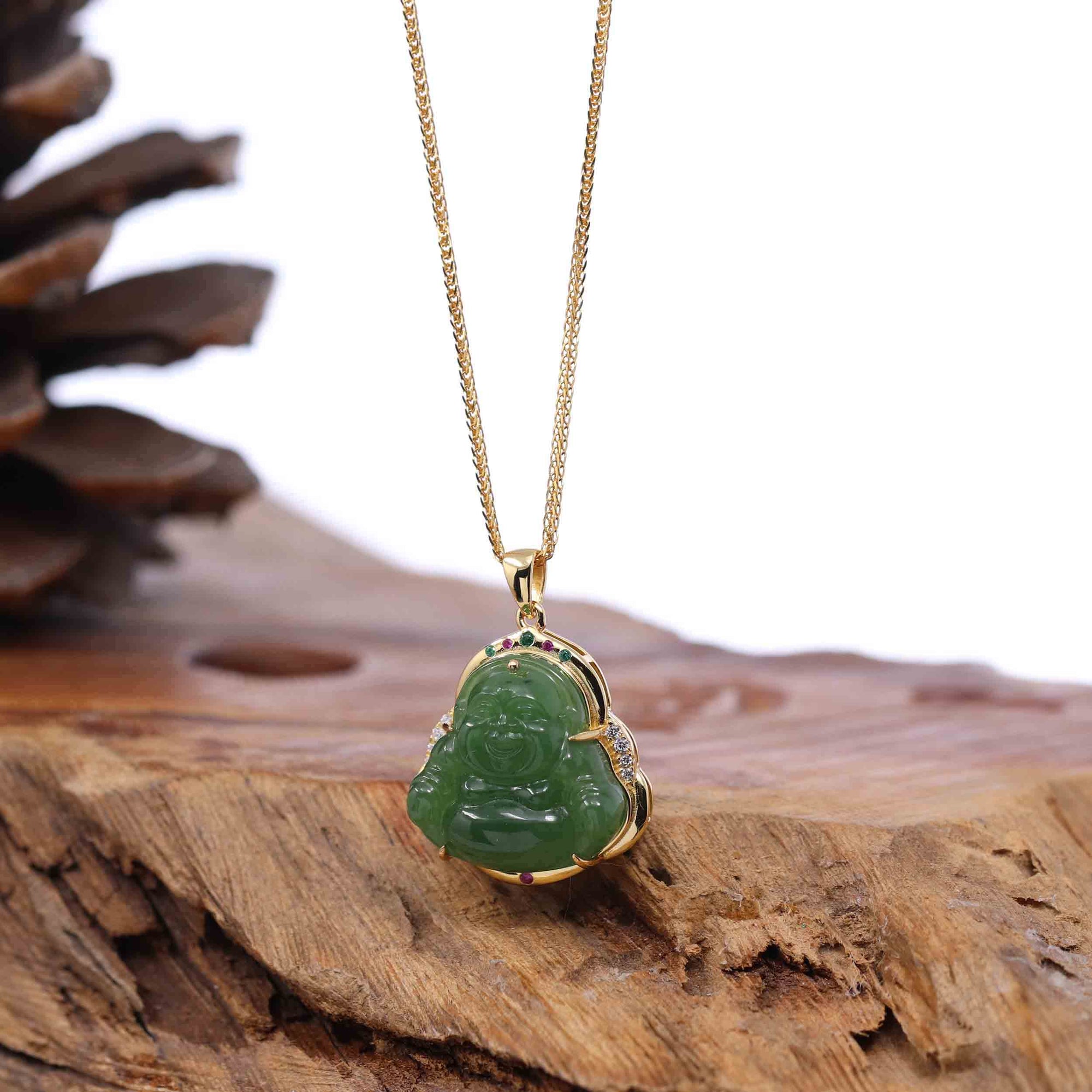 Baikalla Jewelry Jade Pendant Baikalla™ "Laughing Buddha" Gold Plated Nephrite Jade Necklace Pendant