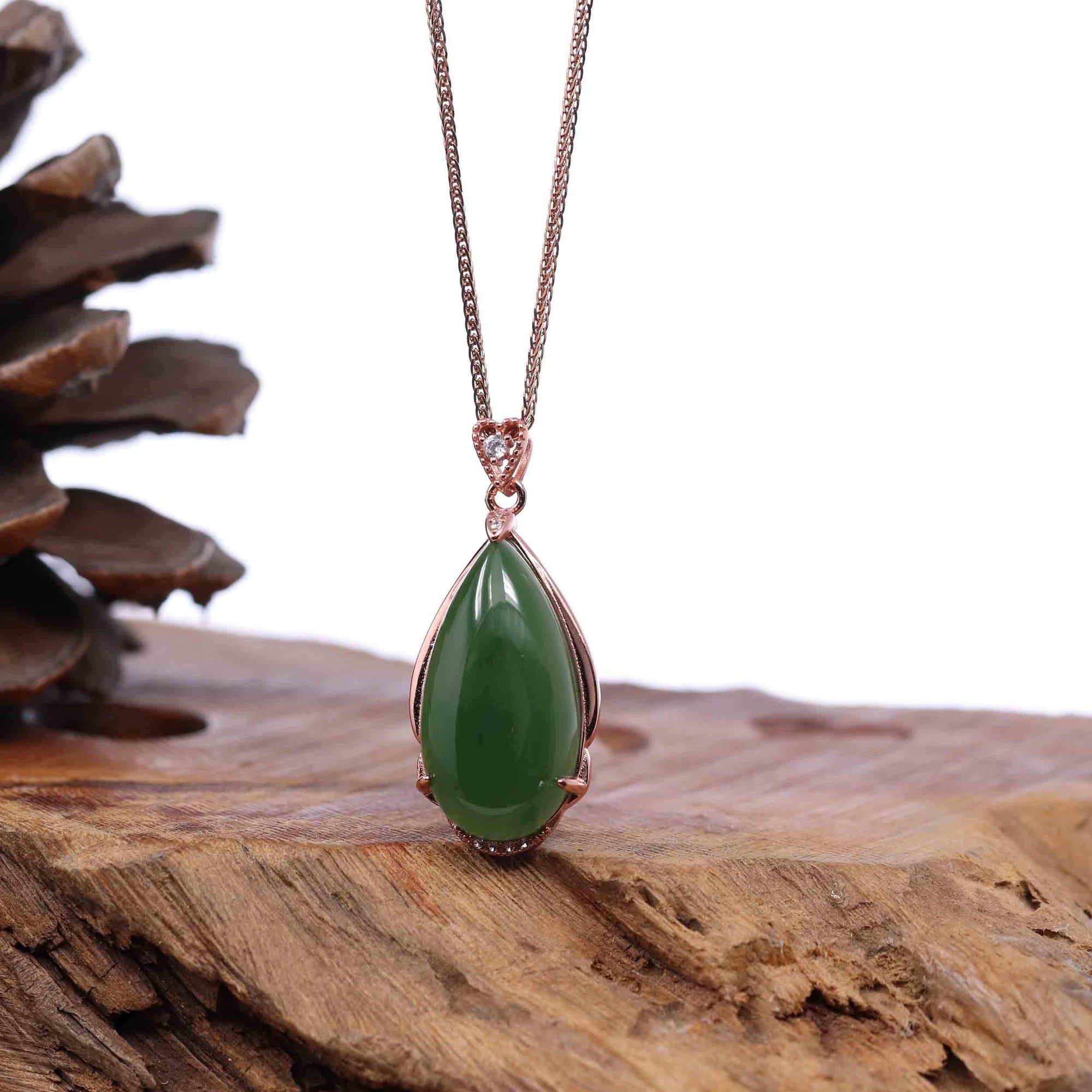 Baikalla Jewelry Jade Pendant Necklace Baikalla™ 18k Rose Gold Tear-Drop Nephrite Jade Necklace Pendant