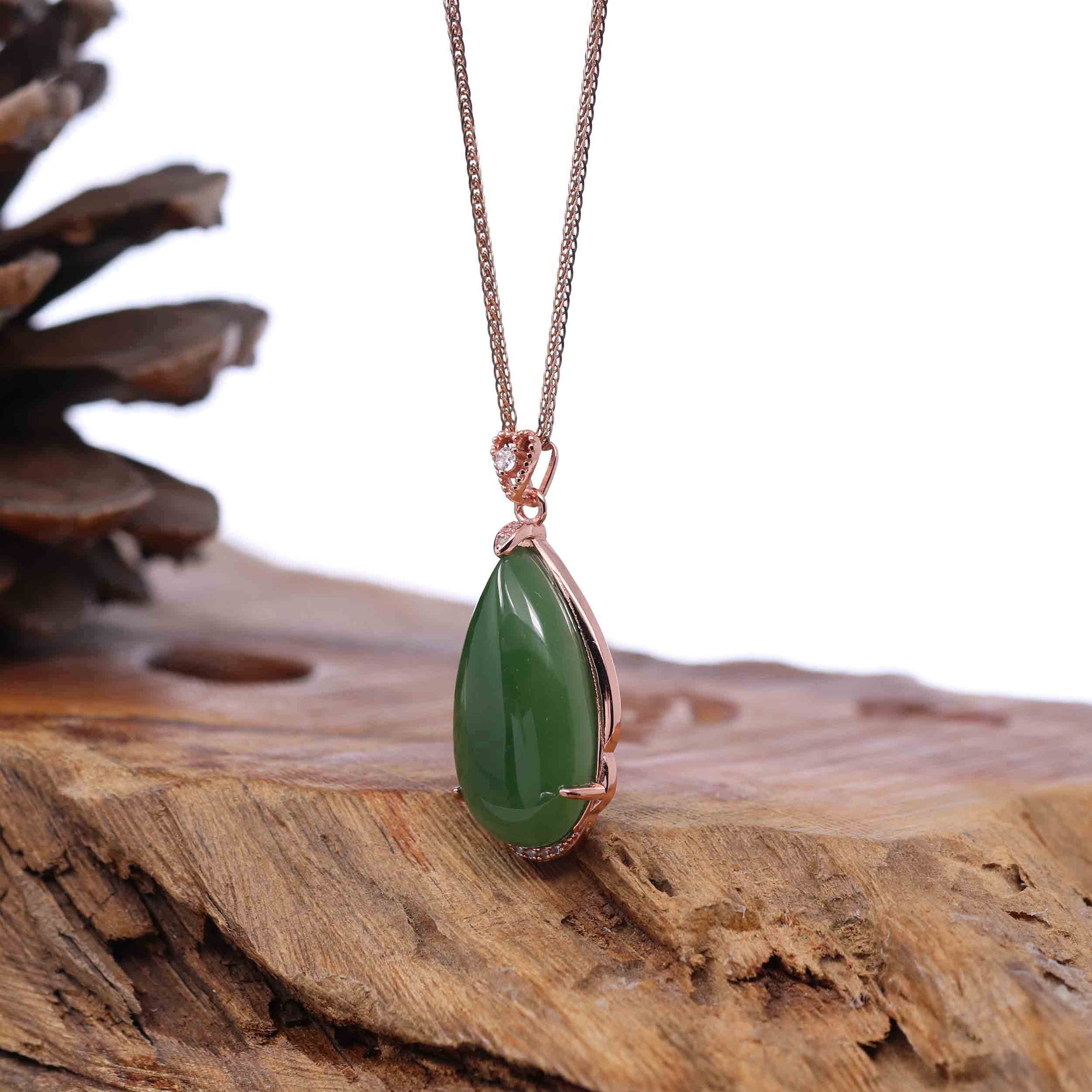 Baikalla Jewelry Jade Pendant Necklace Baikalla™ 18k Rose Gold Tear-Drop Nephrite Jade Necklace Pendant