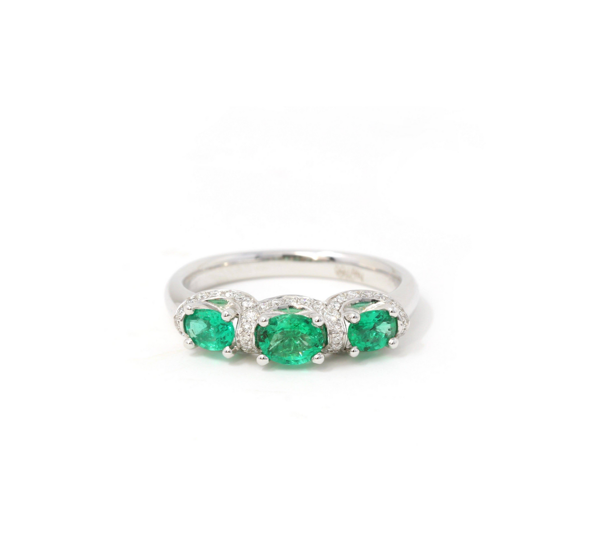 Baikalla Jewelry gold emerald ring 18k White Gold Genuine Oval Emerald Diamonds 3-Stone Ring