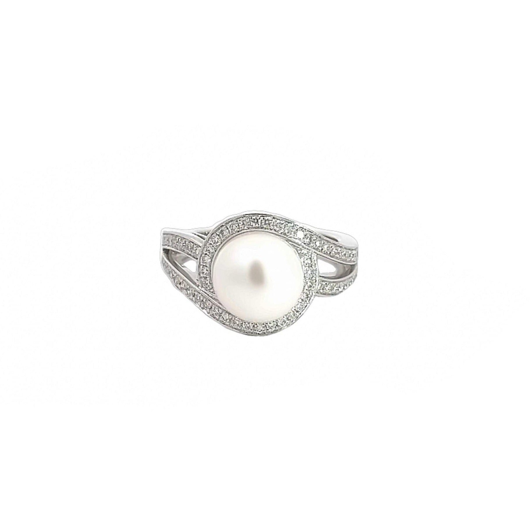 Baikalla Jewelry Gold Pearl Ring 14k White Gold Peal Engagement Ring with VS1 Diamonds