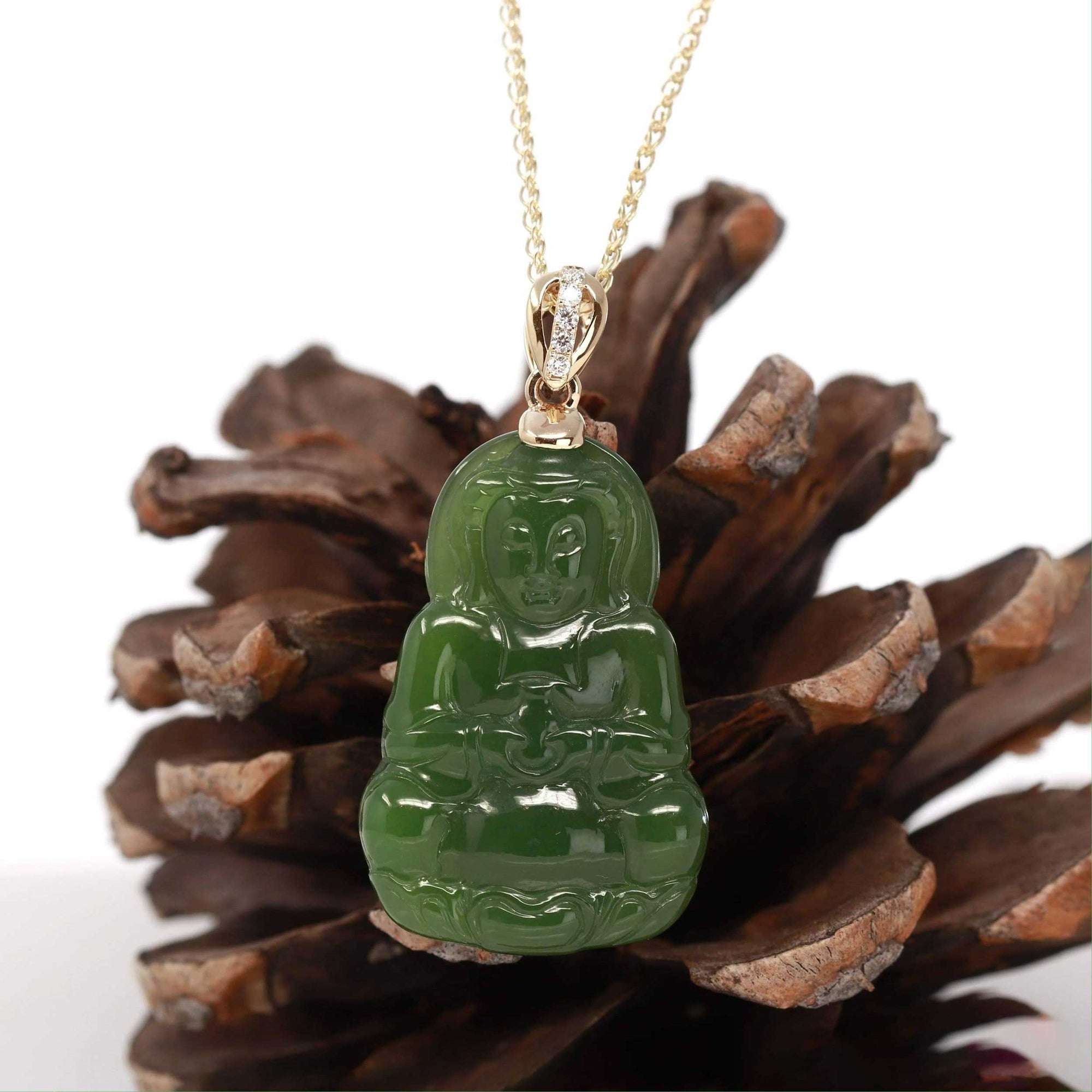 Baikalla Jewelry Gold Jade Pendant Baikalla™ 14K Yellow Gold Genuine Nephrite Green Jade Guanyin Pendant Necklace