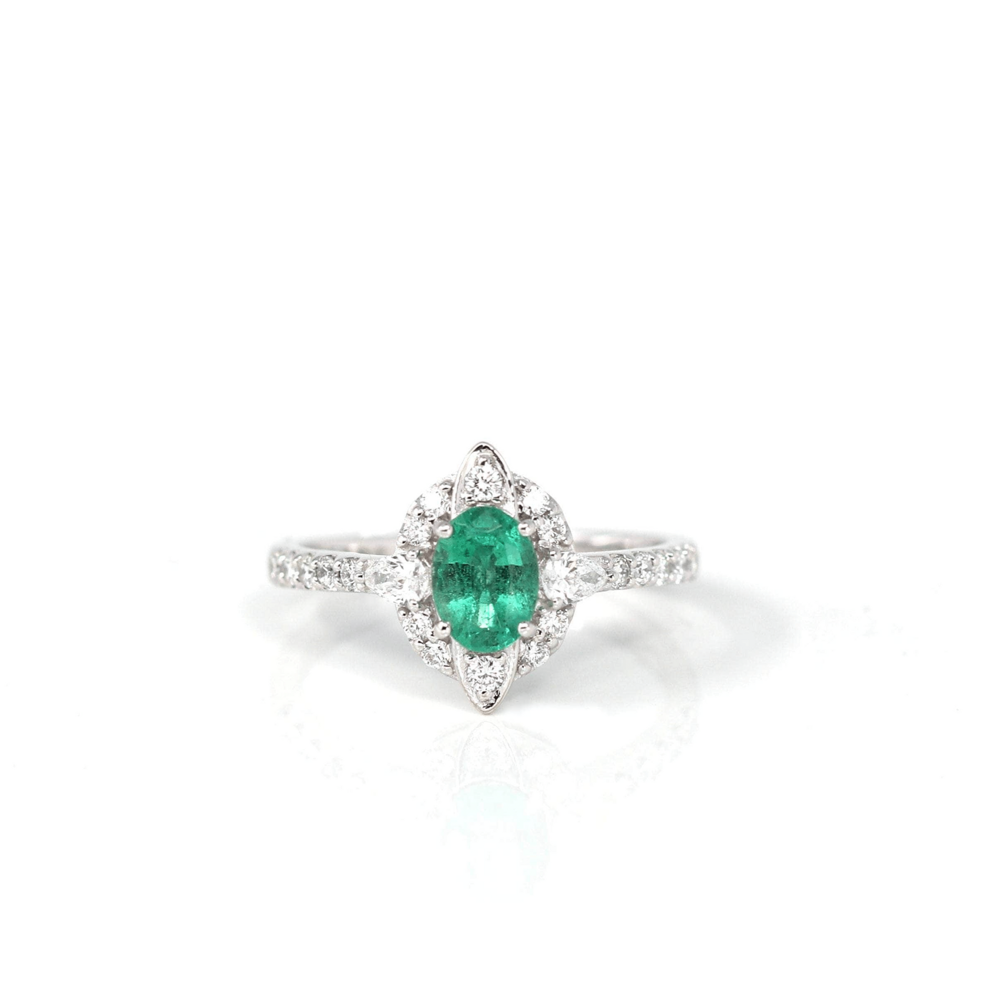 Baikalla Jewelry Gold Emerald Ring 18k White Gold Natural Emerald Ring with Diamonds