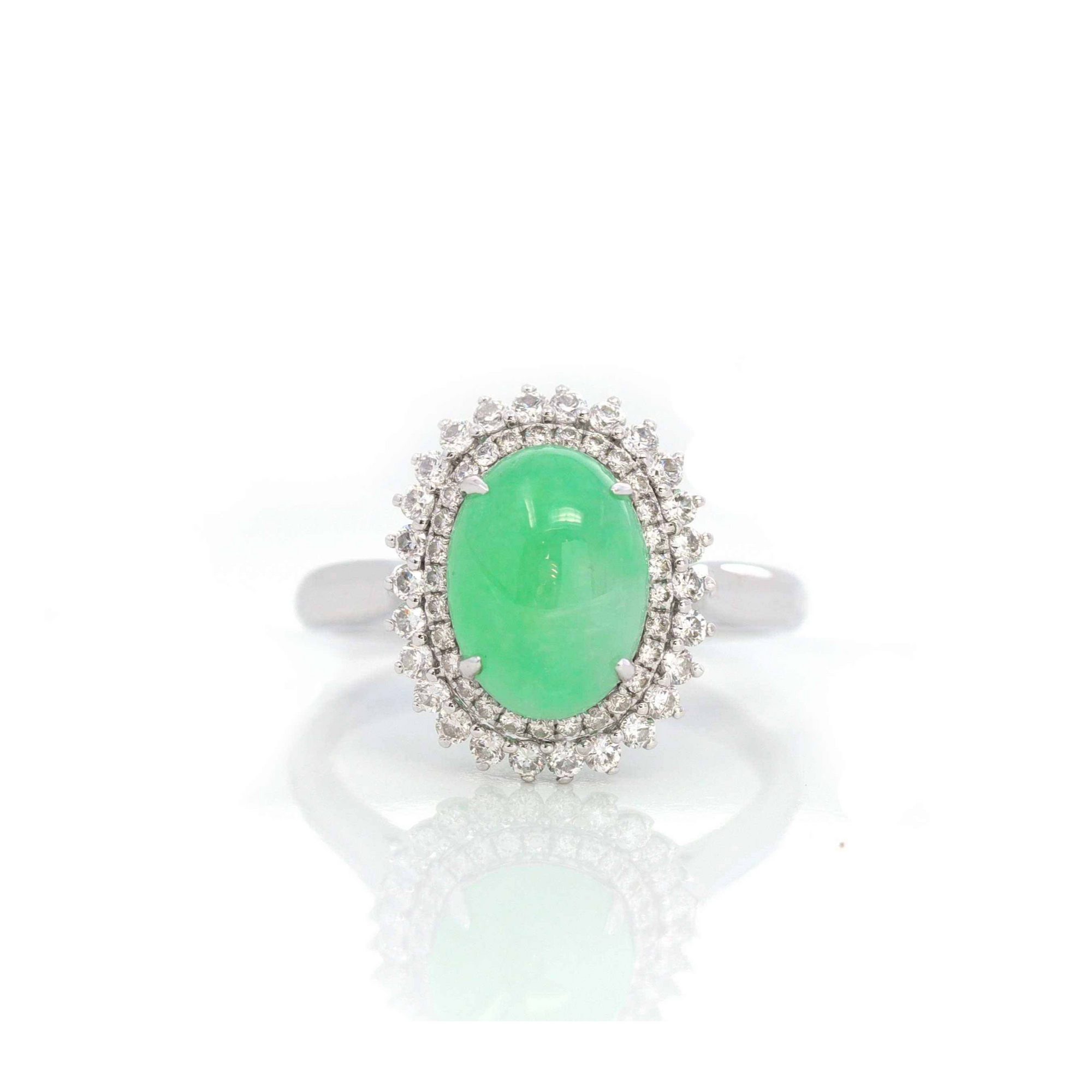 Baikalla Jewelry Jadeite Engagement Ring Baikalla™ &quot;Classic Double Halo&quot; 18k White Gold Natural 3.445ct cabochon Green Jadeite Engagement Ring With 1/2 ct Diamonds