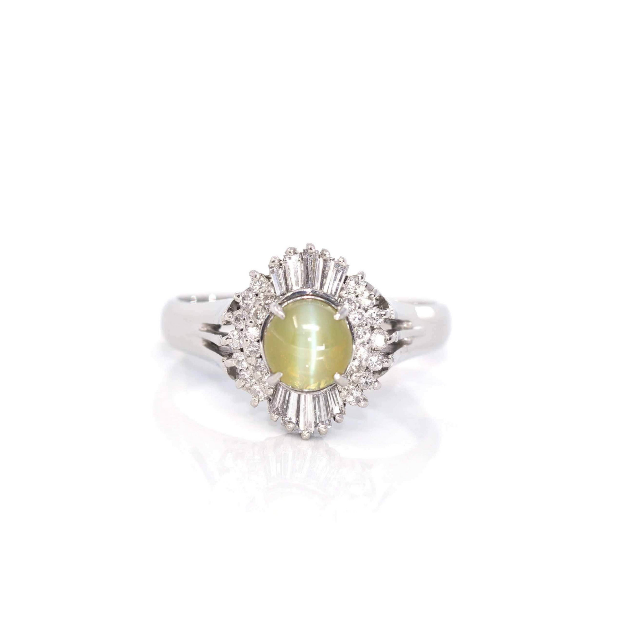 Baikalla Jewelry Gold Gemstone Ring 18k White Gold Natural Green Chrysoberyl Cat&#39;s Eye Ring with Diamond