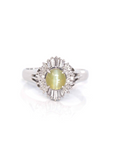 Baikalla Jewelry Gold Gemstone Ring 18k White Gold Natural Green Chrysoberyl Cat's Eye Ring with Diamond