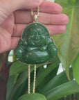 "Laughing Buddha" Large 14k Yellow Gold Genuine Green Jade Buddha Pendant