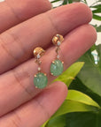 18K Rose Gold "Ginkgo Leaf" Green Jadeite Jade Dangle Stud Earrings