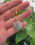 18K Yellow Gold "Good Luck Button" Necklace Green Jadeite Jade Pendant Necklace