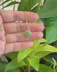 14K Gold Genuine Green Apple Green Jade Circle Pendant Necklace With VS1 Diamond