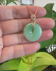 "Good Luck Button" Green Jadeite Jade Lucky KouKou Pendant With 14K Yellow Gold Diamond Bail