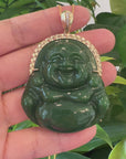 Baikalla™ "Laughing Buddha" Large 14k Yellow Gold Genuine Nephrite Green Jade with Diamonds Buddha Pendant Necklace High-end Collectable