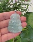 "Goddess of Compassion" Genuine Burmese Ice Blue Jadeite Jade Guanyin Necklace With Good Luck Design Sterling Silver Bail