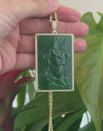 "Guangong" Large 14k Yellow Gold Genuine Apple Green Nephrite Jade with VS1 Diamonds Pendant Necklace