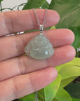 14k White Gold Bail "Laughing Buddha" Genuine Ice Jadeite Jade Buddha Pendant Necklace