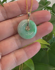 "Good Luck Button" Green Jadeite Jade Lucky KouKou Pendant With 14K Yellow Gold Bail