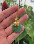 18K Yellow Gold "Good Luck Button" Necklace Forest Green Jadeite Jade Pendant Necklace