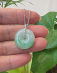 18K White Gold "Good Luck Button" Necklace Ice Green Jadeite Jade Pendant Necklace