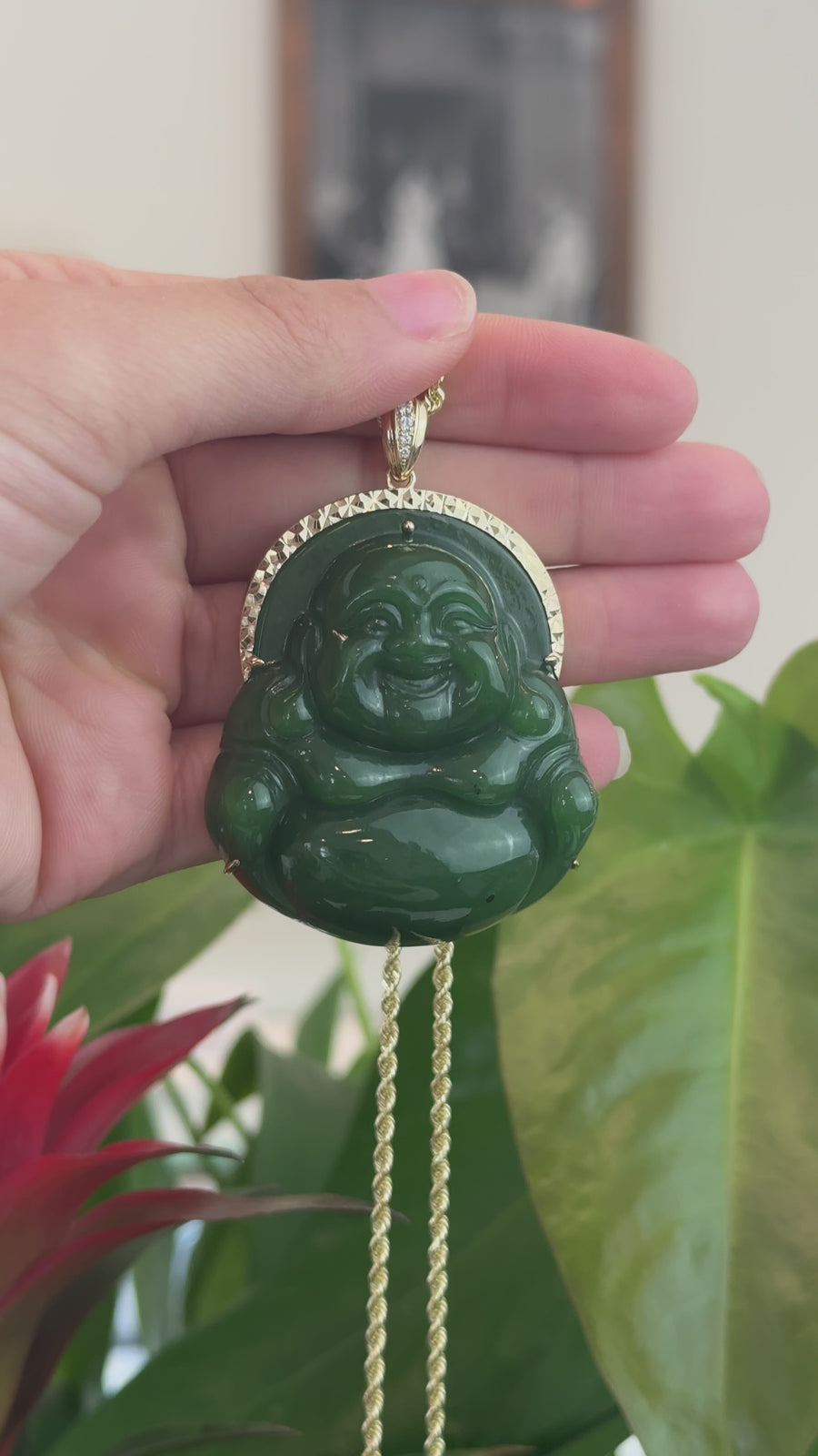 Baikalla™ "Laughing Buddha" Large 14k Yellow Gold Genuine Nephrite Green Jade Buddha Pendant