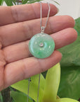 18K White Gold "Good Luck Button" Necklace Ice Green Jadeite Jade Pendant Necklace