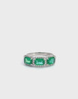 18k White Gold AA Emerald Three Stones Set Halo Band Ring