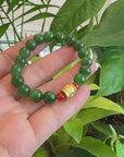 24K Pure Yellow Gold Buddha Symbol Tongtong With Genuine Green Jade Round Beads Bracelet Bangle ( 8 mm )