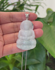 "Goddess of Compassion" Genuine Burmese Ice Blue Jadeite Jade Guanyin Necklace With Good Luck Design Sterling Silver Bail