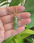 24k Yellow Gold Genuine Nephrite Apple Green Jade Bamboo Pendant Necklace