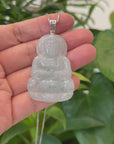 "Goddess of Compassion" Genuine Burmese Ice Blue Jadeite Jade Guanyin Necklace With Good Luck Design Sterling Silver Bail