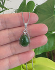 Genuine Green Nephrite Jade Tear Drop Pendant Necklace With CZ