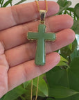 Baikalla High-end 14K Yellow Gold Natural Green Nephrite Jade Cross Pendant