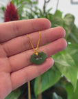 Genuine Green Nephrite Jade RuYi Pendant Necklace With 18k Gold Bail