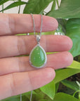 14K Gold Genuine Green Apple Green Jade Tear Drop Pendant Necklace With VS1 Diamond