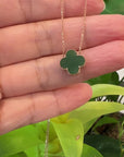 18k Rose Gold Natural Green Nephrite Jade Lucky Four Leaf Clover Necklace