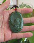 Natural Jade 12 Zodiac: Nephrite Jade Rabbit Pendant Necklace in Deep Green