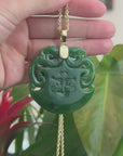 "Dragon & AX" Large 14k Yellow Gold Genuine Apple Green Nephrite Jade Pendant Necklace