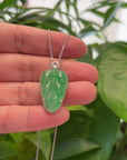 Genuine Ice Jadeite Jade Jin Zhi Yu Ye (Leaf) Necklace With 18k Gold & VSI Diamond Bail