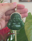 Baikalla™ "Laughing Buddha" Large 14k Yellow Gold Genuine Nephrite Green Jade Buddha Pendant