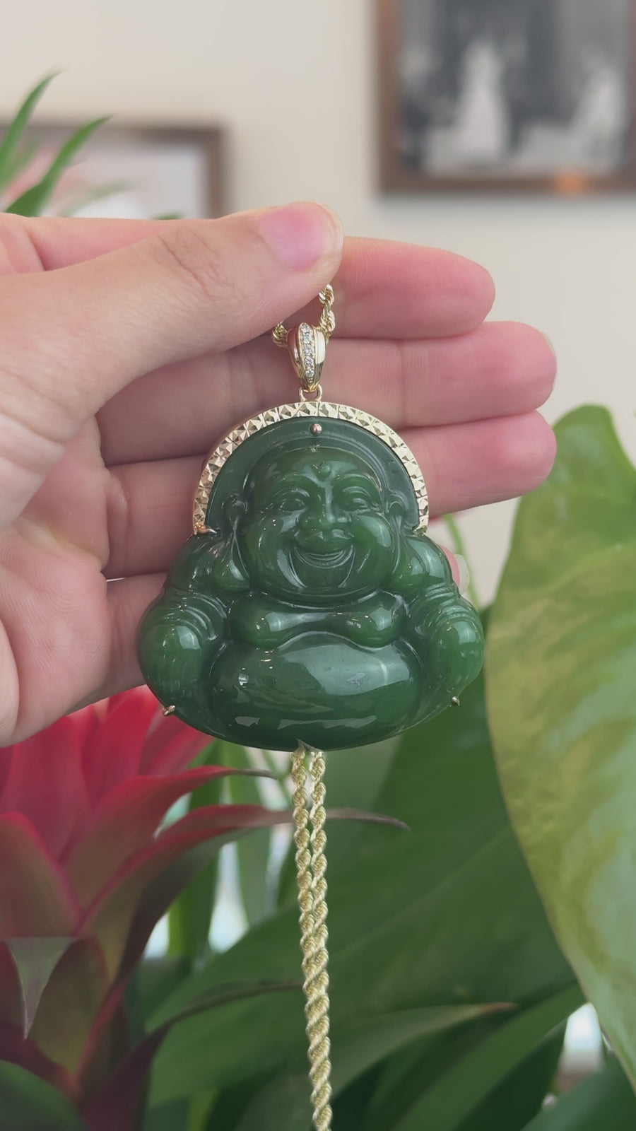 Baikalla™ "Laughing Buddha" Large 14k Yellow Gold Genuine Nephrite Green Jade Buddha Pendant