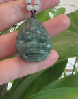 Baikalla™ "Fu Dog" (Guardian Lion) Natural Blue Green Jadeite Jade Necklace Collectibles