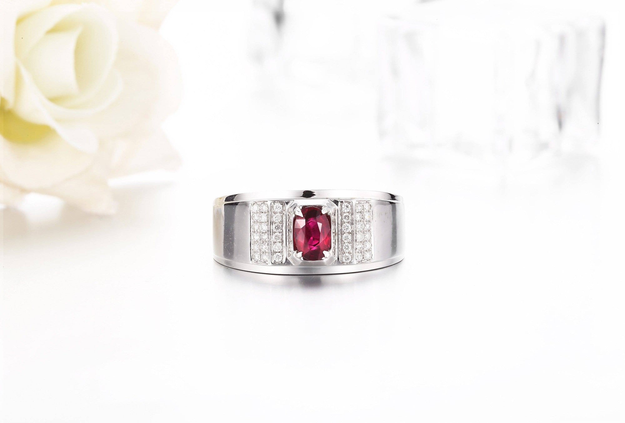 Baikalla Jewelry Gold Men's Ring 18k White Gold Natural 0.55 ct Ruby Men's Halo Ring with Diamonds