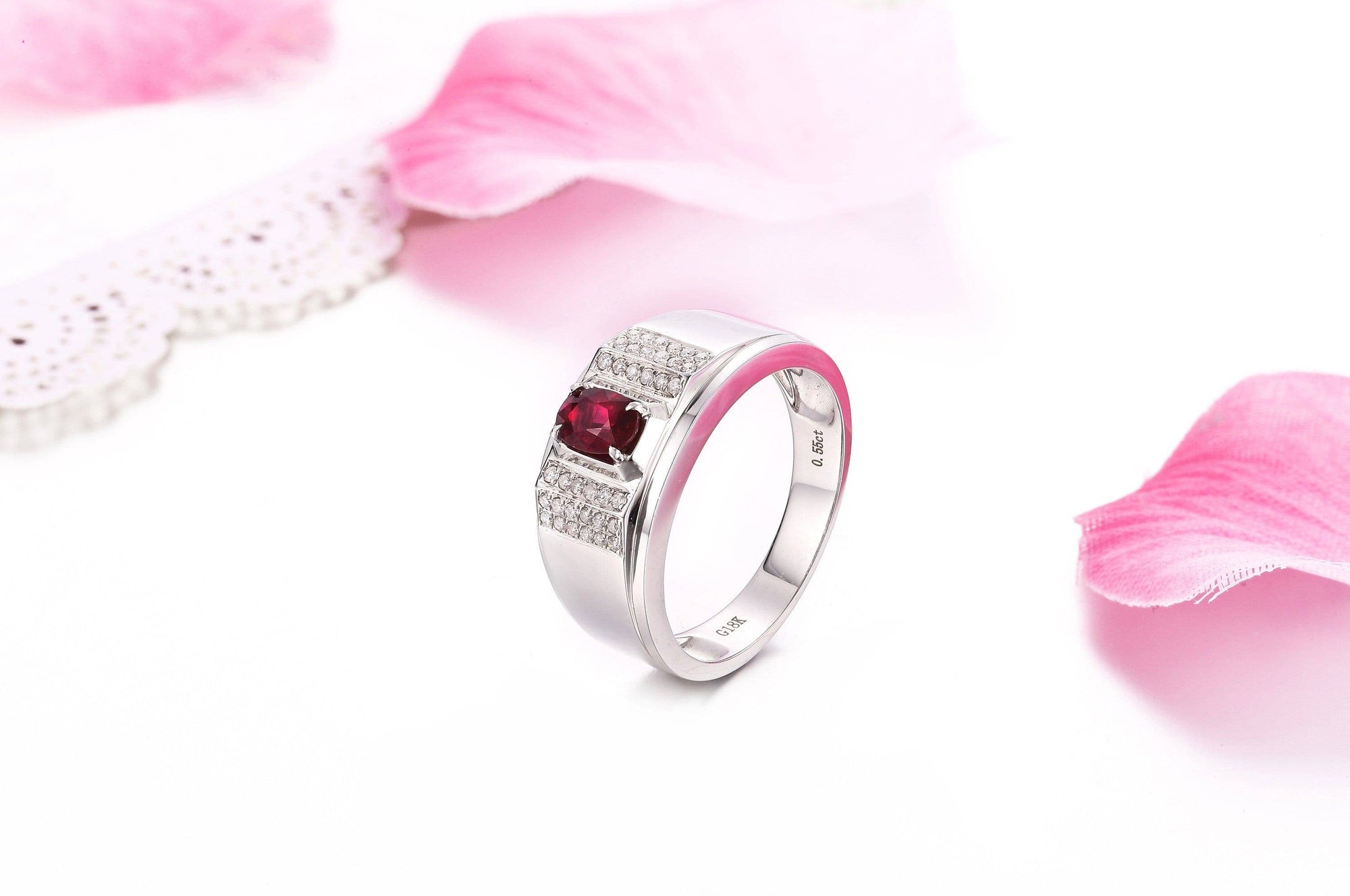 Baikalla Jewelry Gold Men's Ring 18k White Gold Natural 0.55 ct Ruby Men's Halo Ring with Diamonds