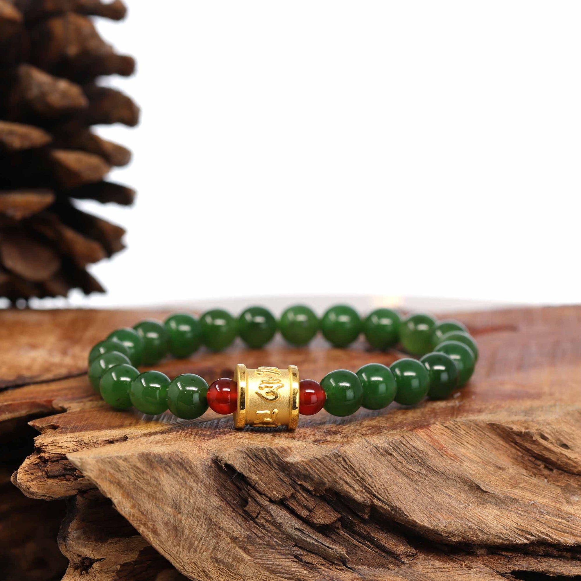 Baikalla Jewelry jade beads bracelet 24K Pure Yellow Gold Buddha Symbol Tongtong With Genuine Green Jade Round Beads Bracelet Bangle ( 8 mm )