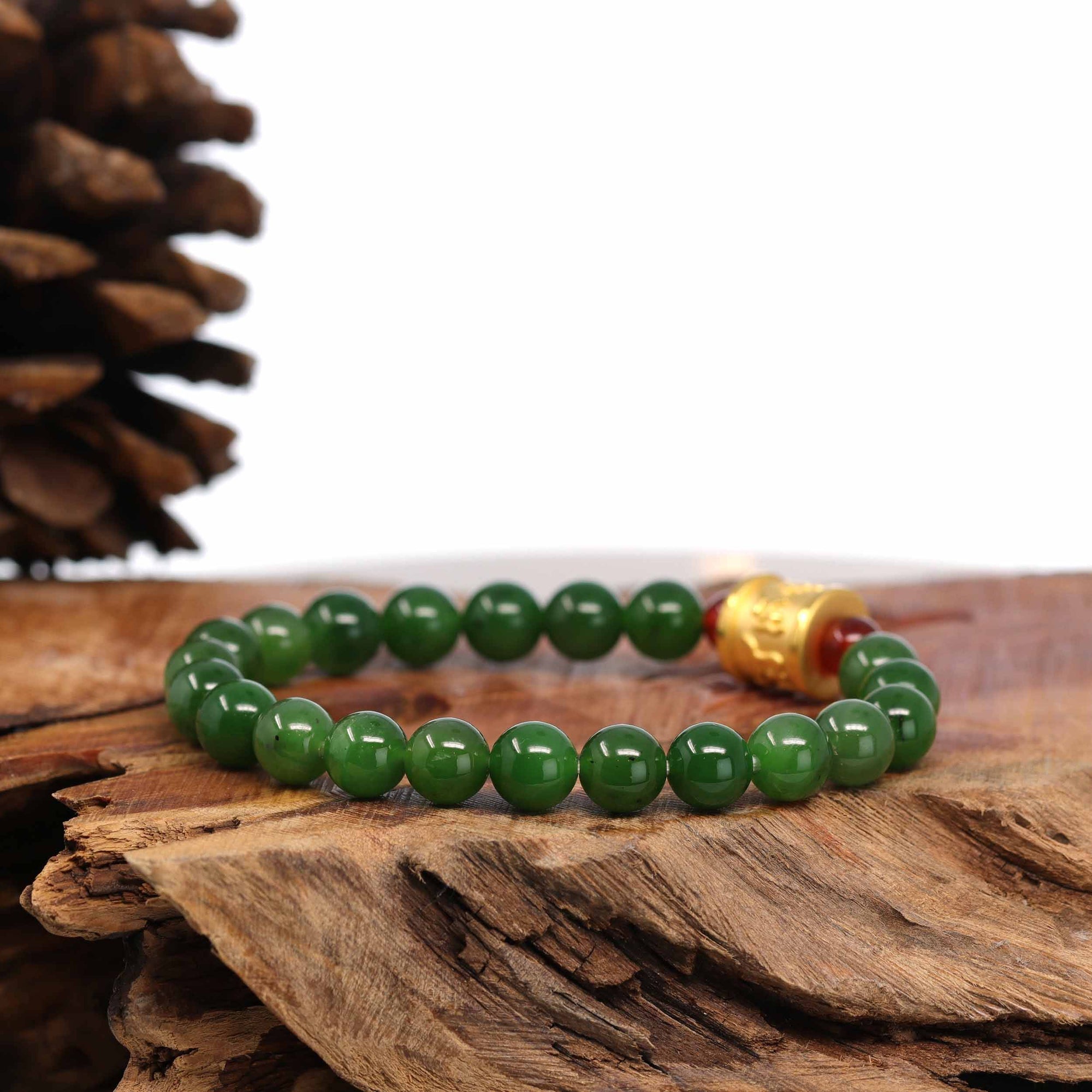 Baikalla Jewelry jade beads bracelet 24K Pure Yellow Gold Buddha Symbol Tongtong With Genuine Green Jade Round Beads Bracelet Bangle ( 8 mm )