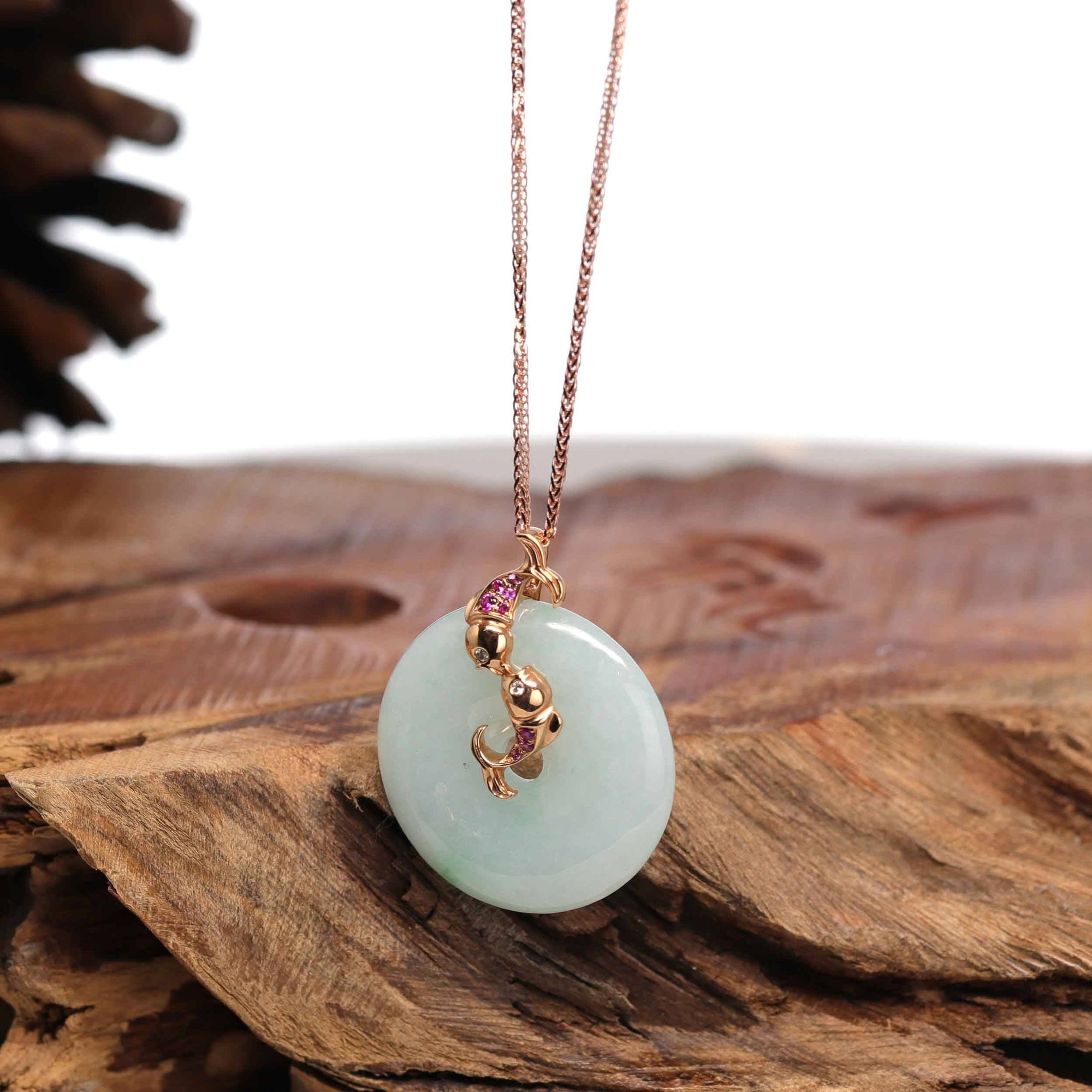 Baikalla Jewelry Gold Jadeite Pendant 18k Rose Gold Genuine Jadeite Constellation (Pisces) Necklace with Diamonds & Tourmaline