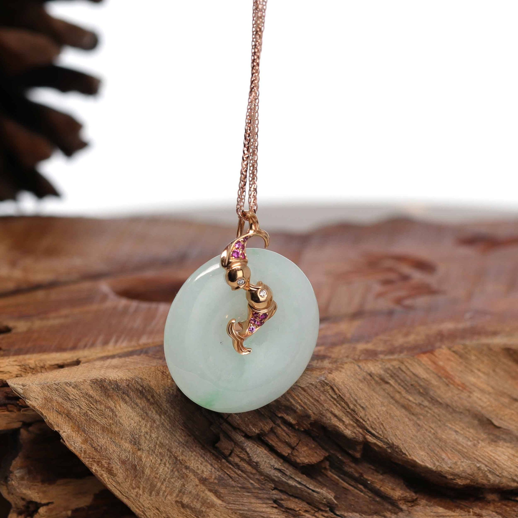 Baikalla Jewelry Gold Jadeite Pendant 18k Rose Gold Genuine Jadeite Constellation (Pisces) Necklace with Diamonds & Tourmaline