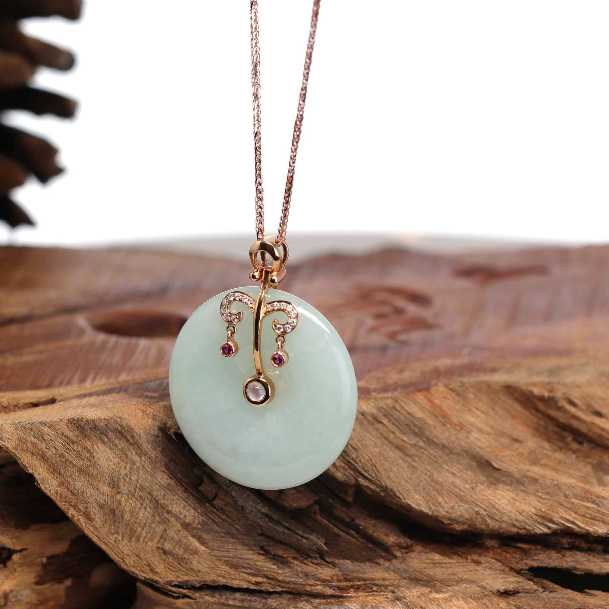 Baikalla Jewelry God Jadeite Necklace 18k Rose Gold Genuine Jadeite Constellation Horoscope (Libra) Necklace Pendant with Diamonds & Ruby