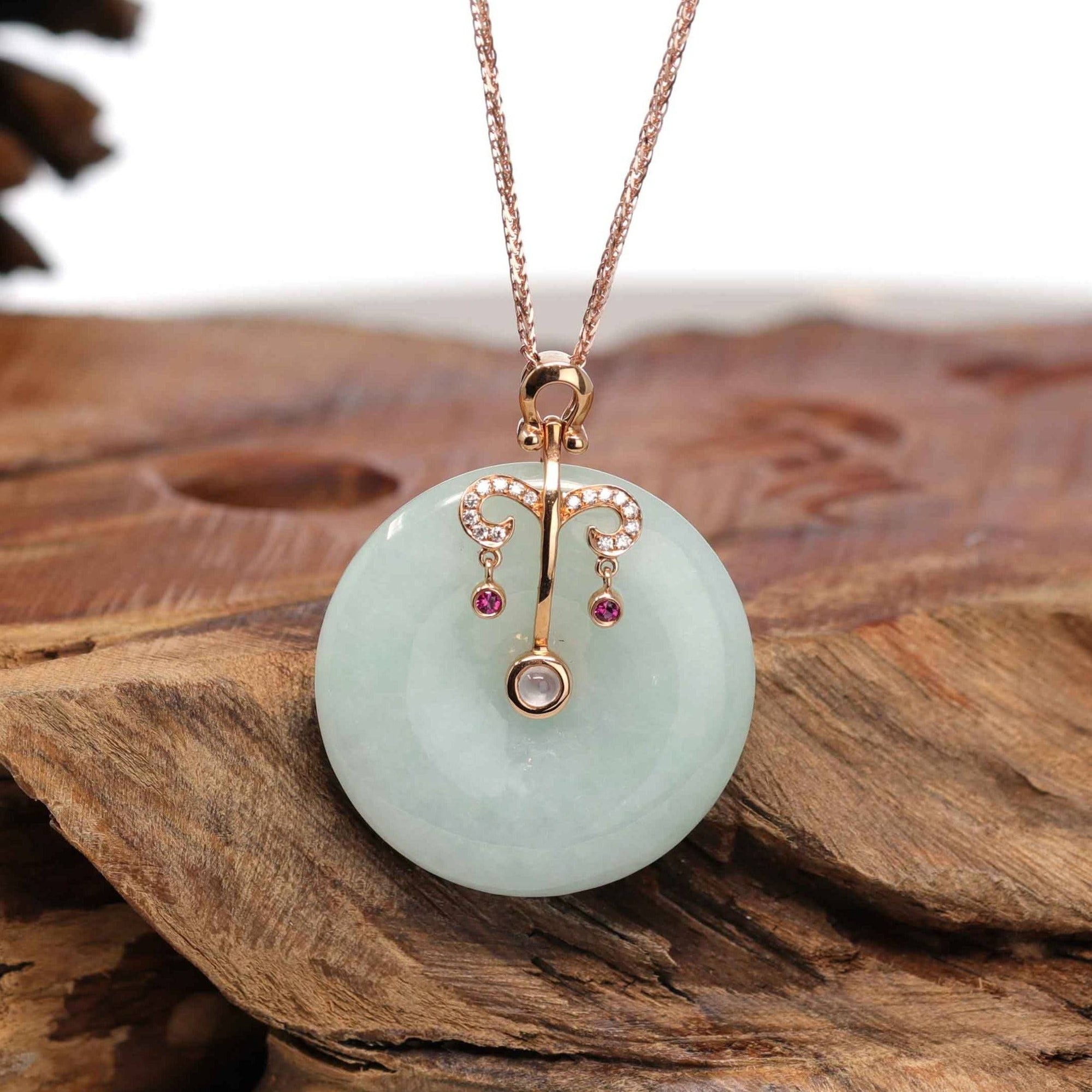 Baikalla Jewelry God Jadeite Necklace 18k Rose Gold Genuine Jadeite Constellation Horoscope (Libra) Necklace Pendant with Diamonds & Ruby